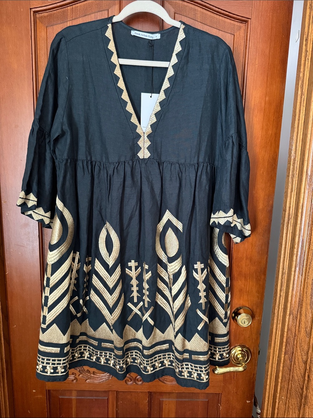 Black Greek Archaic Kori Dress with Gold Embroidered Trim